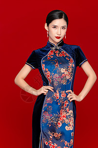 蓝色旗袍中国风旗袍美女背景