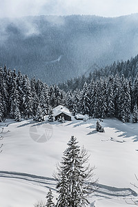 冰雪覆盖的冬日景观小屋图片
