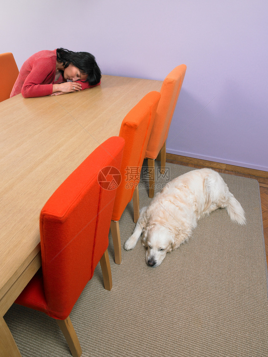 休息的女人和睡着的狗图片