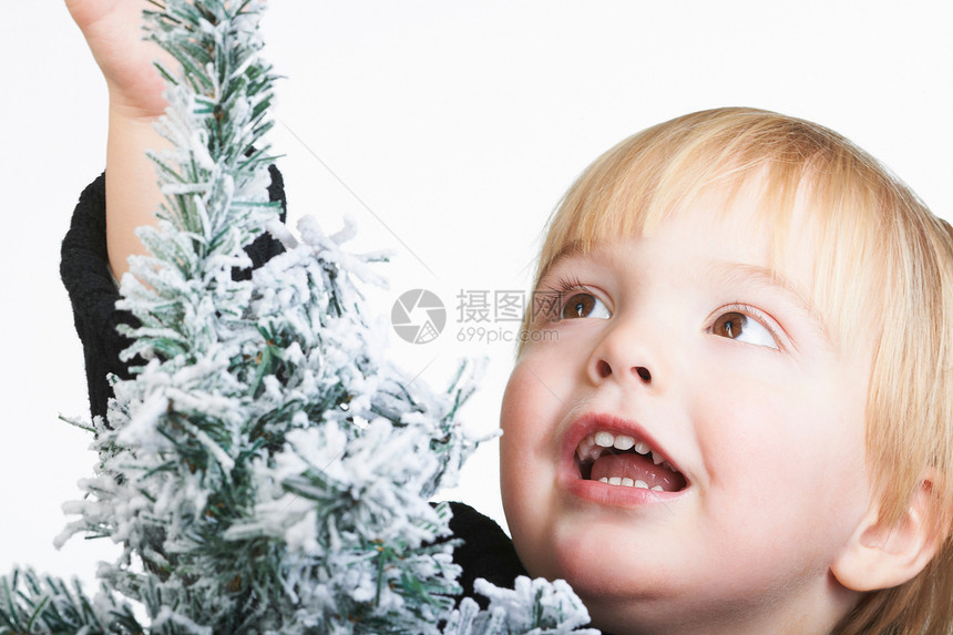 站在雪树旁的男孩图片