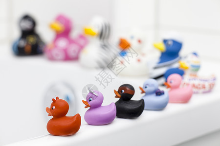 开心鸭字体坐在浴缸边上的各种橡胶鸭背景