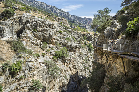 广角峡谷西班牙马拉加El Chorro Caminito del Ray峡谷和人行道的俯视图背景