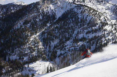 美国犹他州瓦萨奇山银叉盆地草地男子越野滑雪图片
