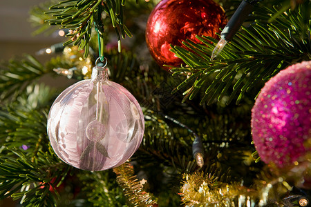 圣诞装饰品和圣诞树上的灯背景图片