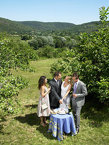 新婚夫妇在花园里切蛋糕图片