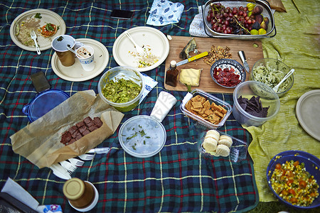 野餐垫上的食物图片