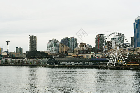 美国华盛顿州普吉湾西雅图摩天轮和城市景观背景