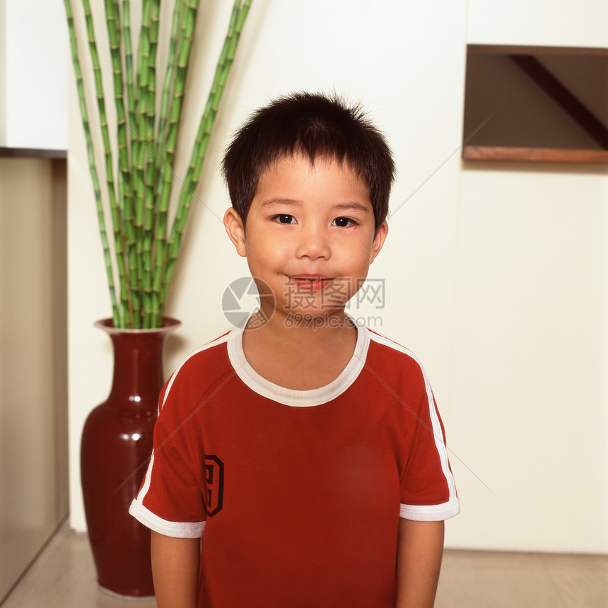 站在室内植物旁的男孩图片