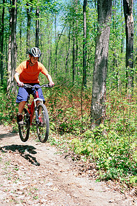 在森林里骑山地自行车的男孩图片