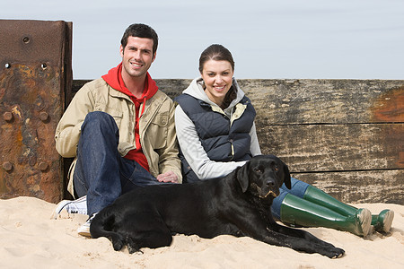 夫妇俩在海滩上和宠物狗坐在一起图片