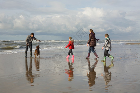 家人和狗在海边图片