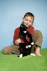 抱着宠物猫的男孩图片