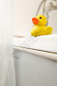 浴缸边缘的橡胶鸭图片