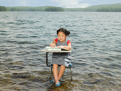 在湖边学习的女孩背景图片