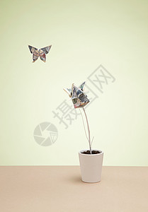 折纸蝴蝶和植物罐里的日元钞票图片
