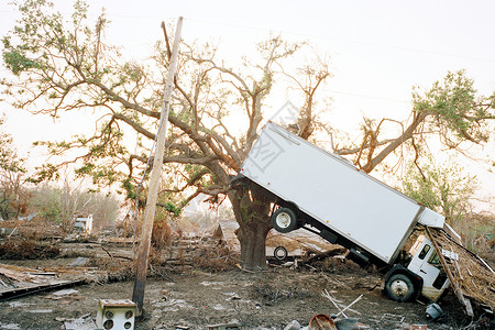 飓风破坏卡特里娜飓风过后卡车悬挂在树上背景