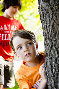 两个男孩躲在树后图片