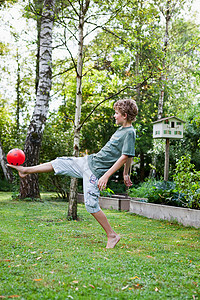 在花园里玩球的男孩图片