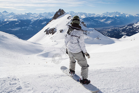 派克靴男子在山顶玩滑雪板背景