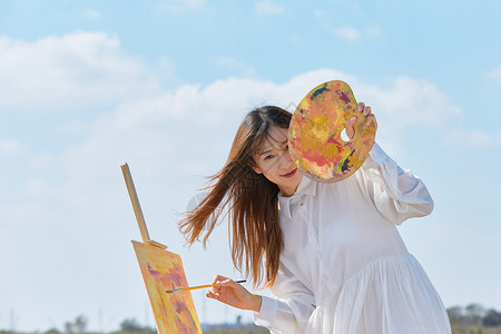 油画田野文艺清新美女户外油画写生背景