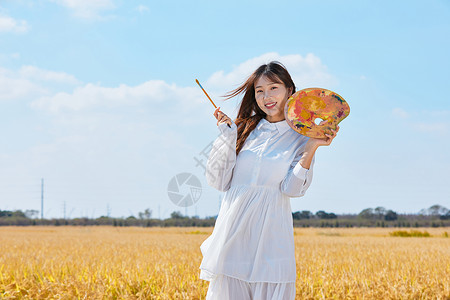 秋季写生文艺清新美女户外油画写生背景