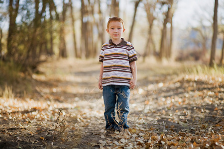 小男孩站在树林里笑着高清图片