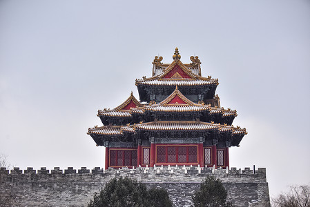 紫禁城雪景故宫紫禁城角楼城的雪景背景