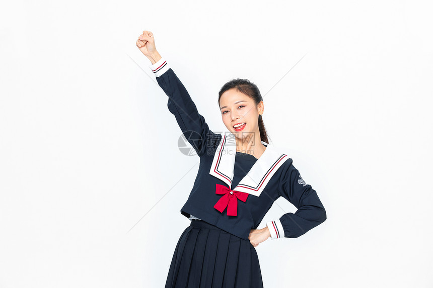 学院风大学生JK服美女握拳加油庆祝图片