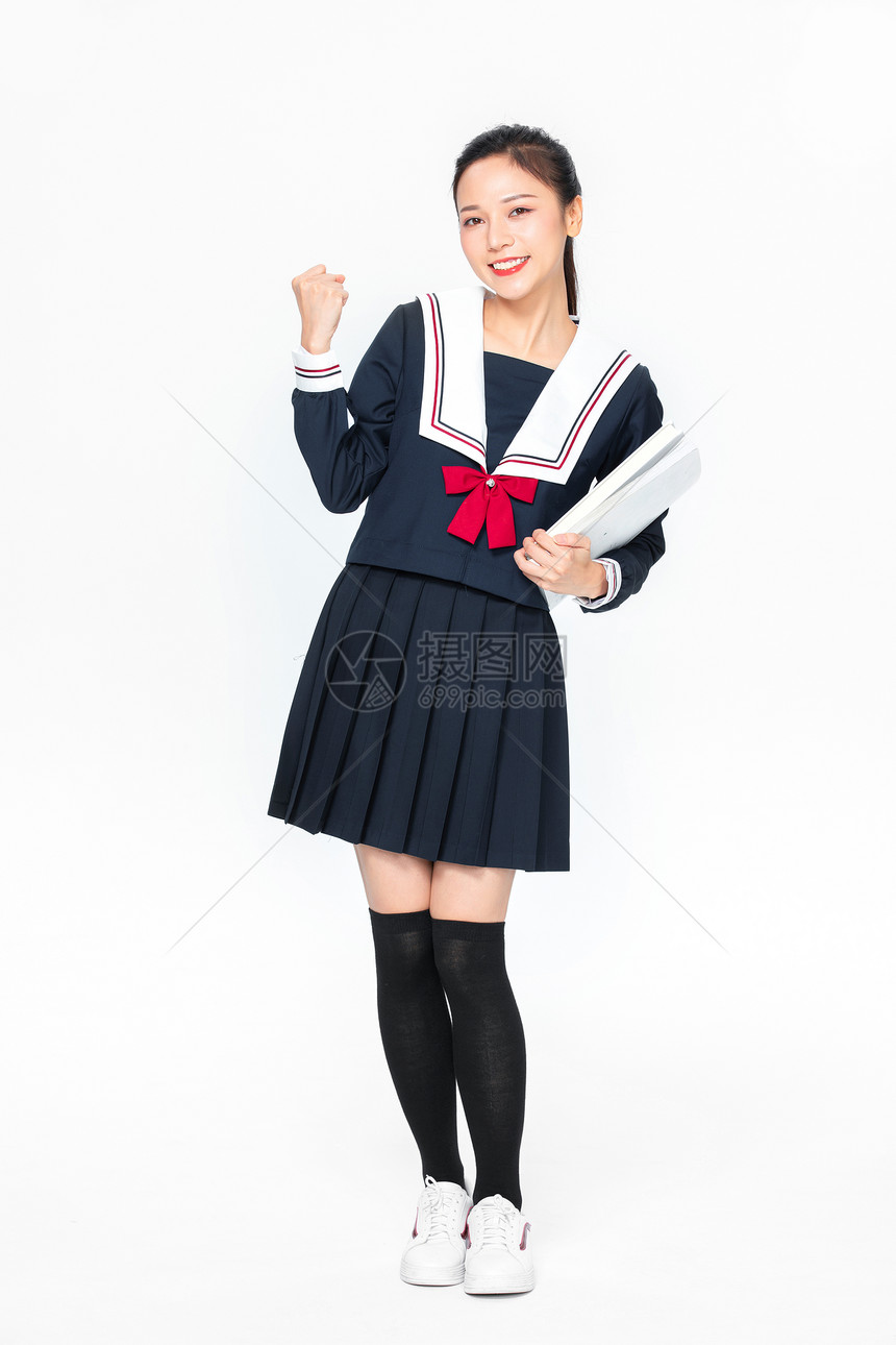 学院风大学生JK服美女握拳加油庆祝图片