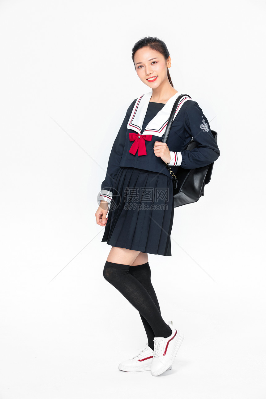 学院风学生JK服美女背书包图片