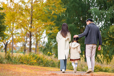 女孩散步一家三口公园散步背影背景