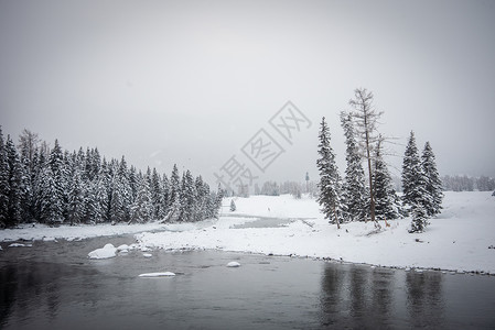 新疆冬季喀纳斯雪景湖泊河流森林高清图片