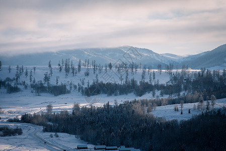 新疆冬季喀纳斯禾木古村落雪景雪乡背景