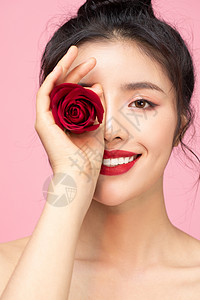 爱心头发素材拿着玫瑰花的情人节甜美女性背景