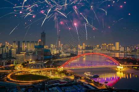 武汉城市灯光秀夜景节日烟花高清图片