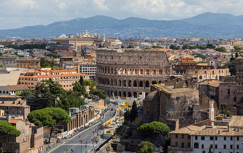 罗马美术学院俯拍罗马著名旅游景点古罗马斗兽场背景