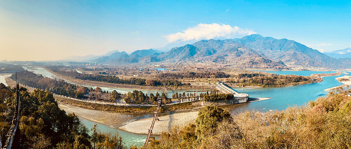 高跟鱼嘴鞋四川都江堰水利工程全景图背景