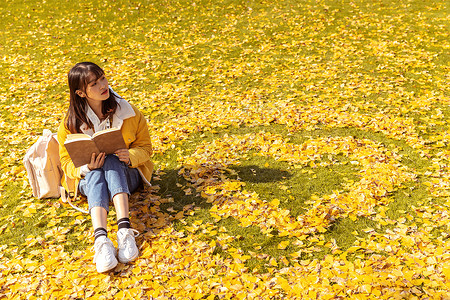 金色爱心素材坐在铺满银杏叶的草坪上看书的女孩背景
