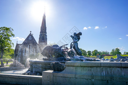 夏季哥本哈根吉菲昂喷泉景观背景图片