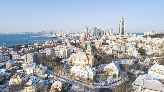 冬路青岛江苏路基督教堂雪景背景