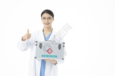 医疗箱素材女性医生拿着医疗箱点赞背景