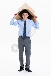 商务男性头上套着纸盒箱微笑图片