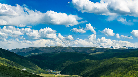 蓝天白云下的稻城山脉背景图片