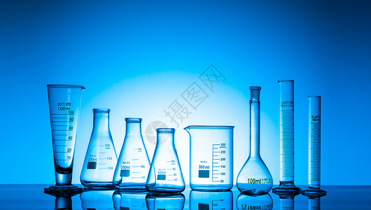 蓝色科技医疗背景实验器材烧杯锥形瓶量筒烧瓶背景