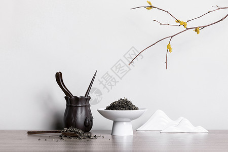 紫萝中式茶具茶叶背景