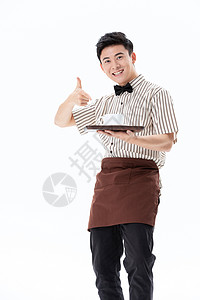 蛋糕店员手捧咖啡点赞的咖啡店服务员背景