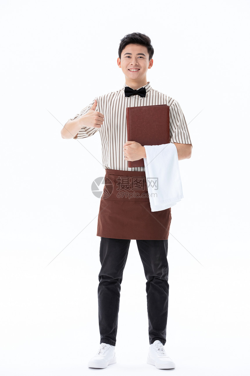 手拿菜单点赞的咖啡店服务员图片