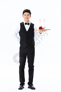 送香槟玫瑰花的服务员形象背景图片