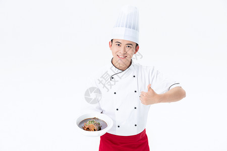厨师手捧红烧鱼菜品点赞图片