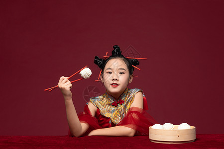红色包子素材国潮儿童拿着筷子吃包子背景